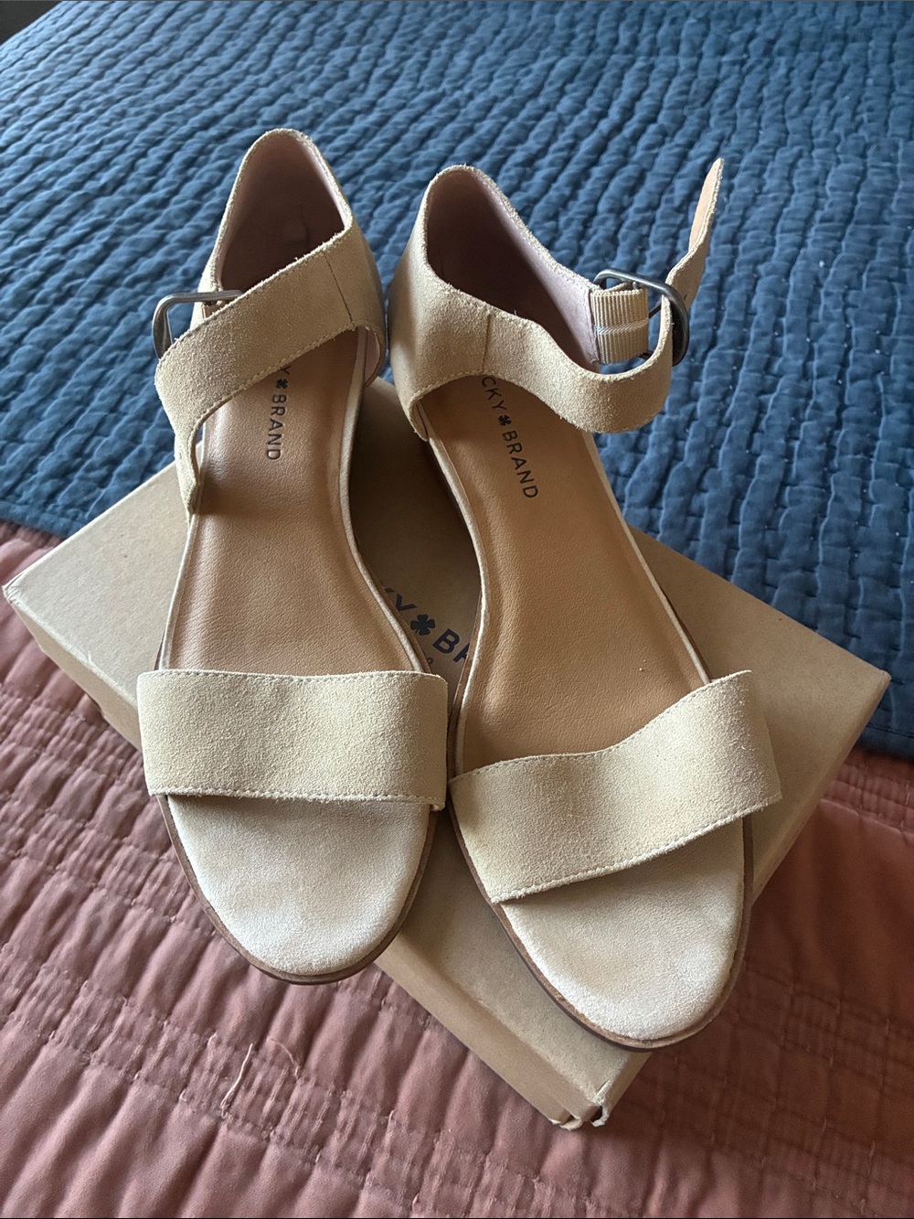 Lucky Brand Beige Suede Ankle-Strap Sandals